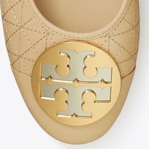 Tory Burch TWO TONE METAL Claire Quilted Ballet Flats New Porcelain Beige 10